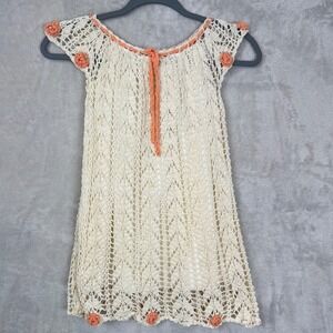 Handmade Crochet Girls Dress Fits Girls 5T Peach Rosette Pearl Detail Boho